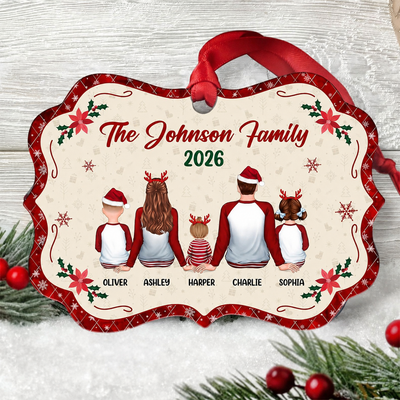 Pajamas Family Sitting Back View Christmas Vibe Red Border Personalized Christmas Ornament
