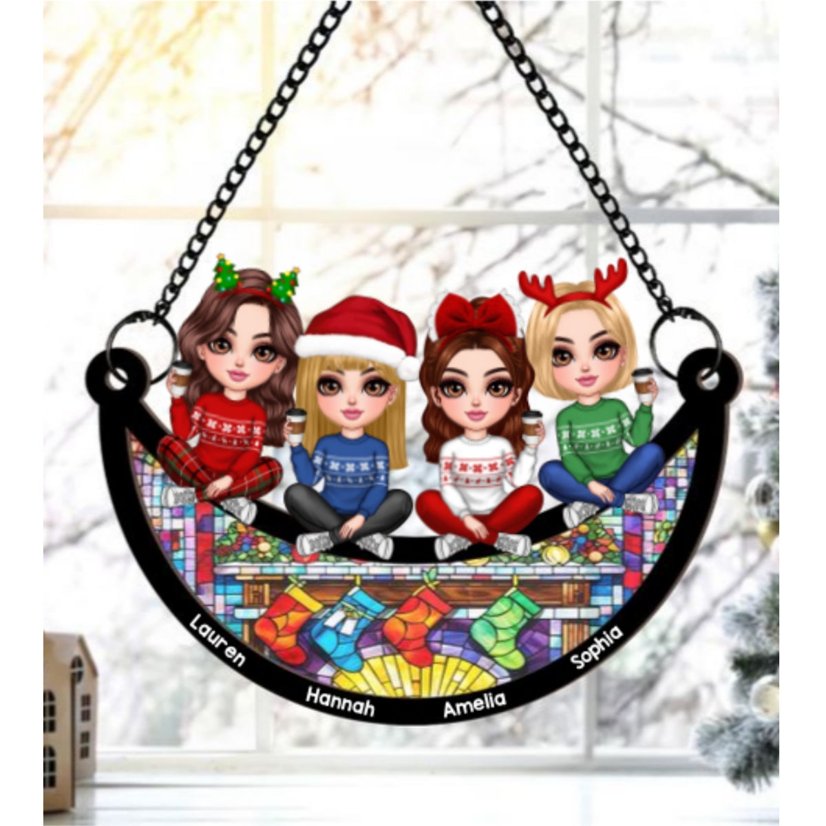 Christmas Besties Sisters Faux Stained Glass Personalized Suncatcher Ornament