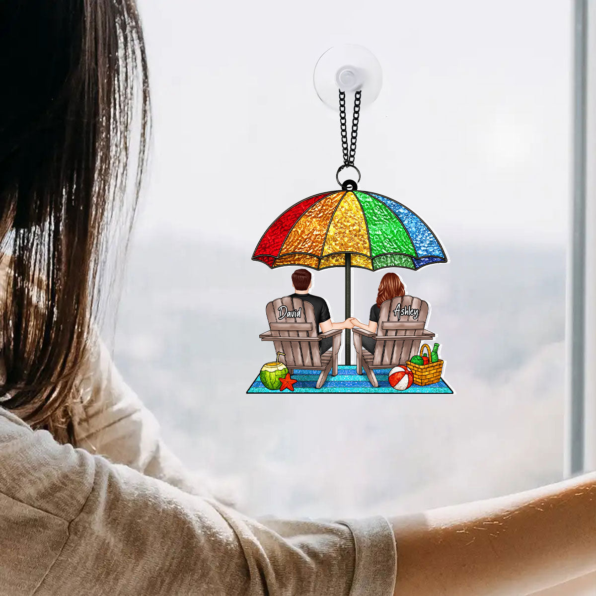 Under Beach Umbrella Happy Couple Personalized Suncatcher