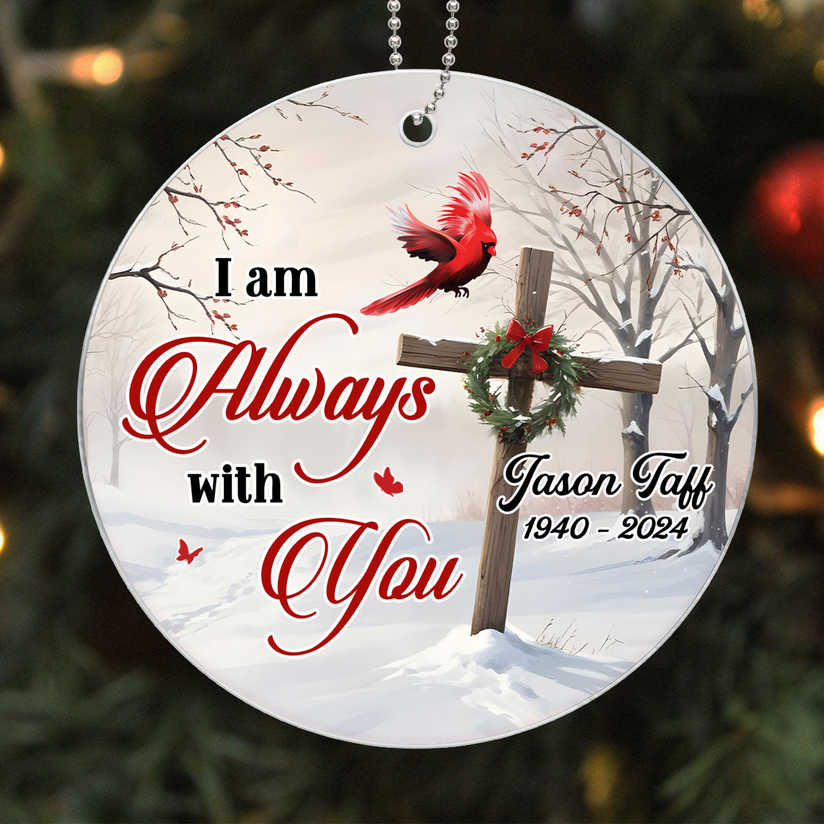 Cardinal Cross Christmas Wreath Personalized Acrylic Ornament, Christian, Jesus