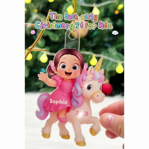 3D Effect Cute Cartoon Kid With Unicorn Christmas Personalized Flat Acrylic Ornament, Fun & Beautiful Gift For Kids, Grandkids