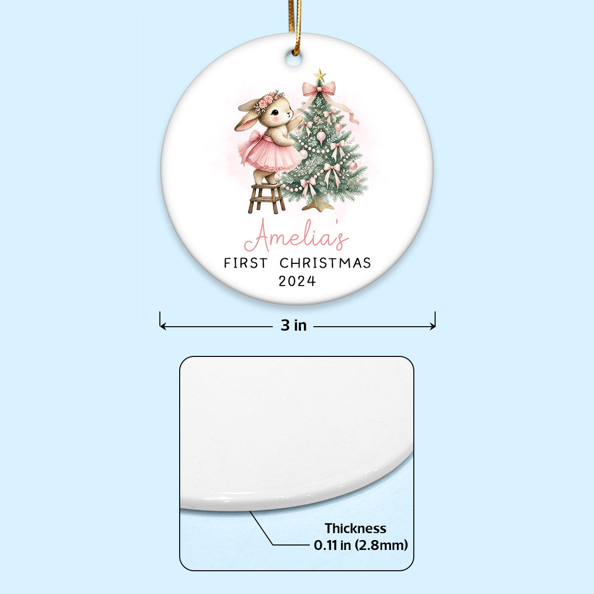 Baby's First Christmas Rabbit Personalized Circle Ceramic Ornament, Baby Girl Name Baby Shower Gift Keepsake