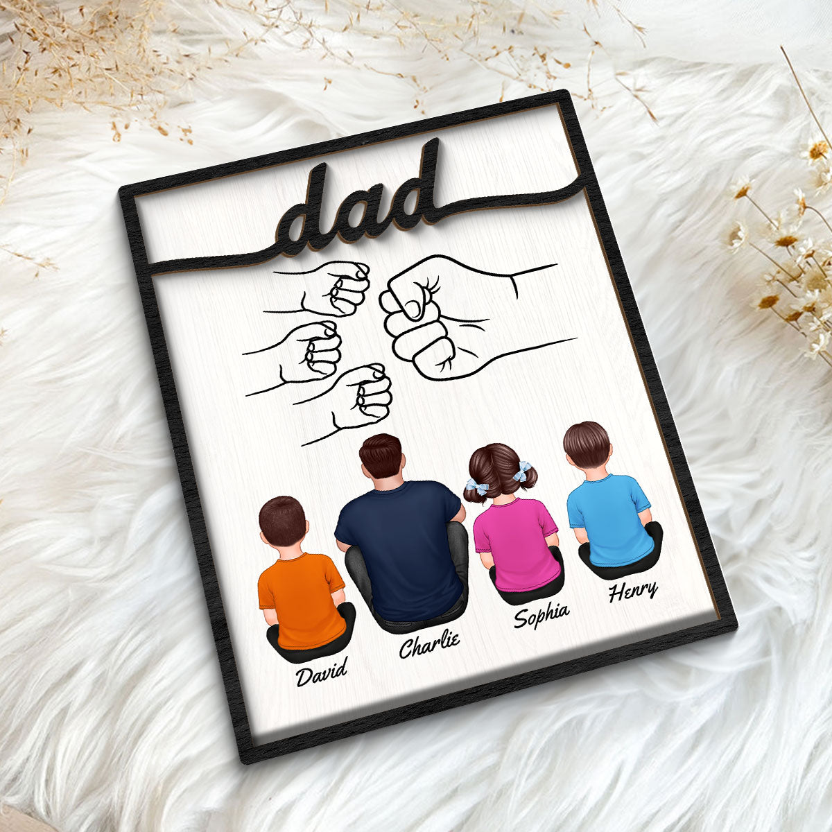 Dad And Kids Fist Bump Personalized 2-Layer Wooden Plaque