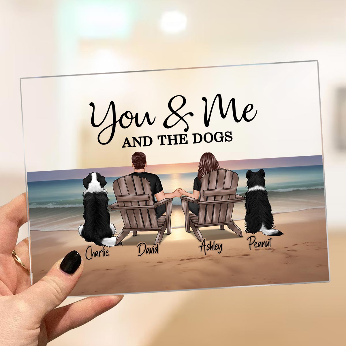 You Me And The Dogs Cats Couple Realistic Beach Landscape Personalized Acrylic Plaque, Gift For Him, For Her