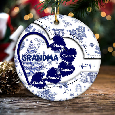 Grandma With Hearts Grandkids' Names Toile De Jouy Style Personalized Circle Ornament