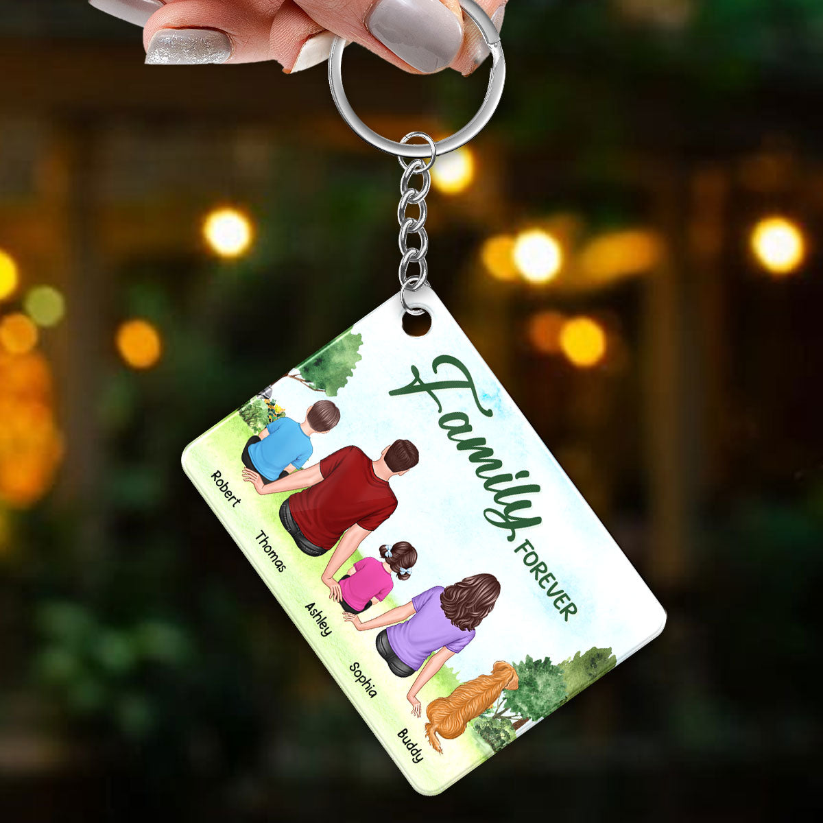 Whole Family Sitting Back View Couple Kid Dog Cat Personalized Acrylic Keychain