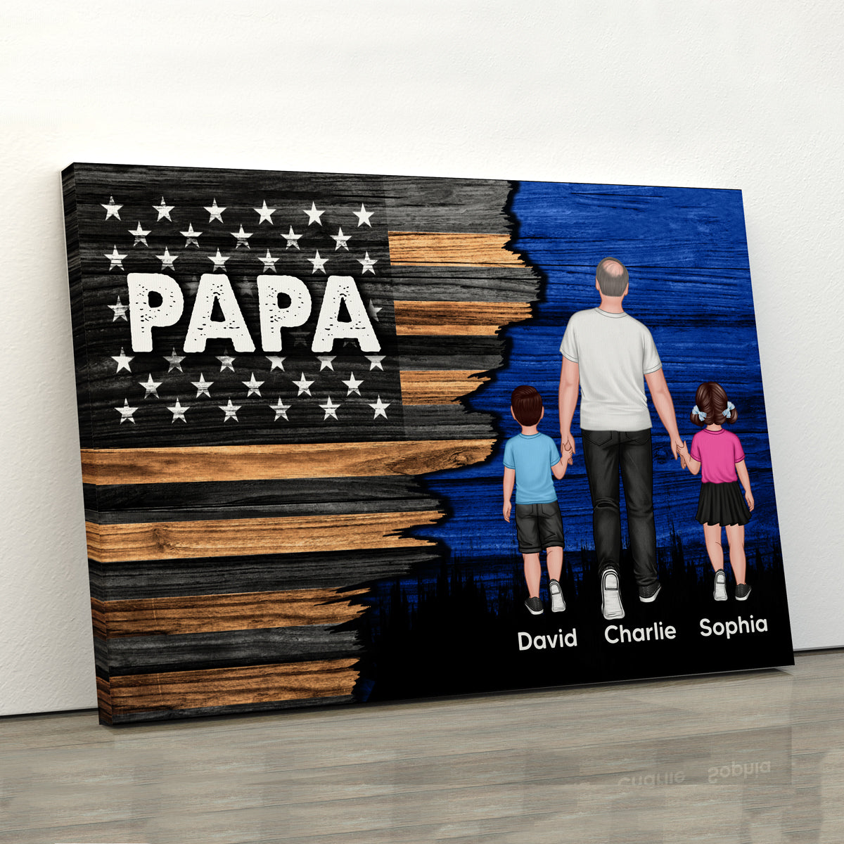 Dad Grandpa Papa Walking With Kids Half Nation Flag Personalized Horizontal Canvas, Father‘s Day Gift For Dad, For Grandpa, For Husband