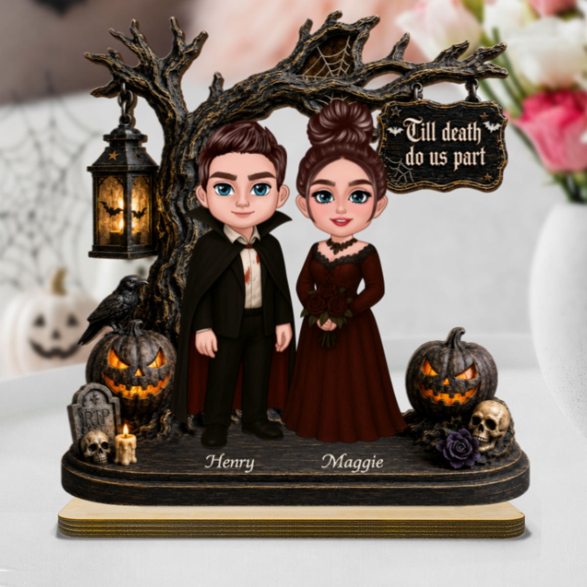 Couple Standing Under Spooky Halloween Tree 2D Flat - Personalized 2-Layer Wooden Plaque - Tabletop Tier Tray Wicca Pagan Decor