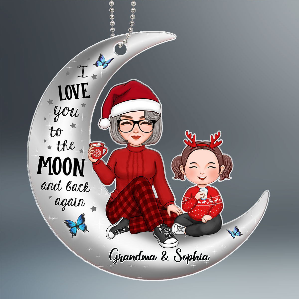Cute Grandma & Grandkid On Silver Moon Christmas Gift For Granddaughter Grandson Personalized Acrylic Ornament