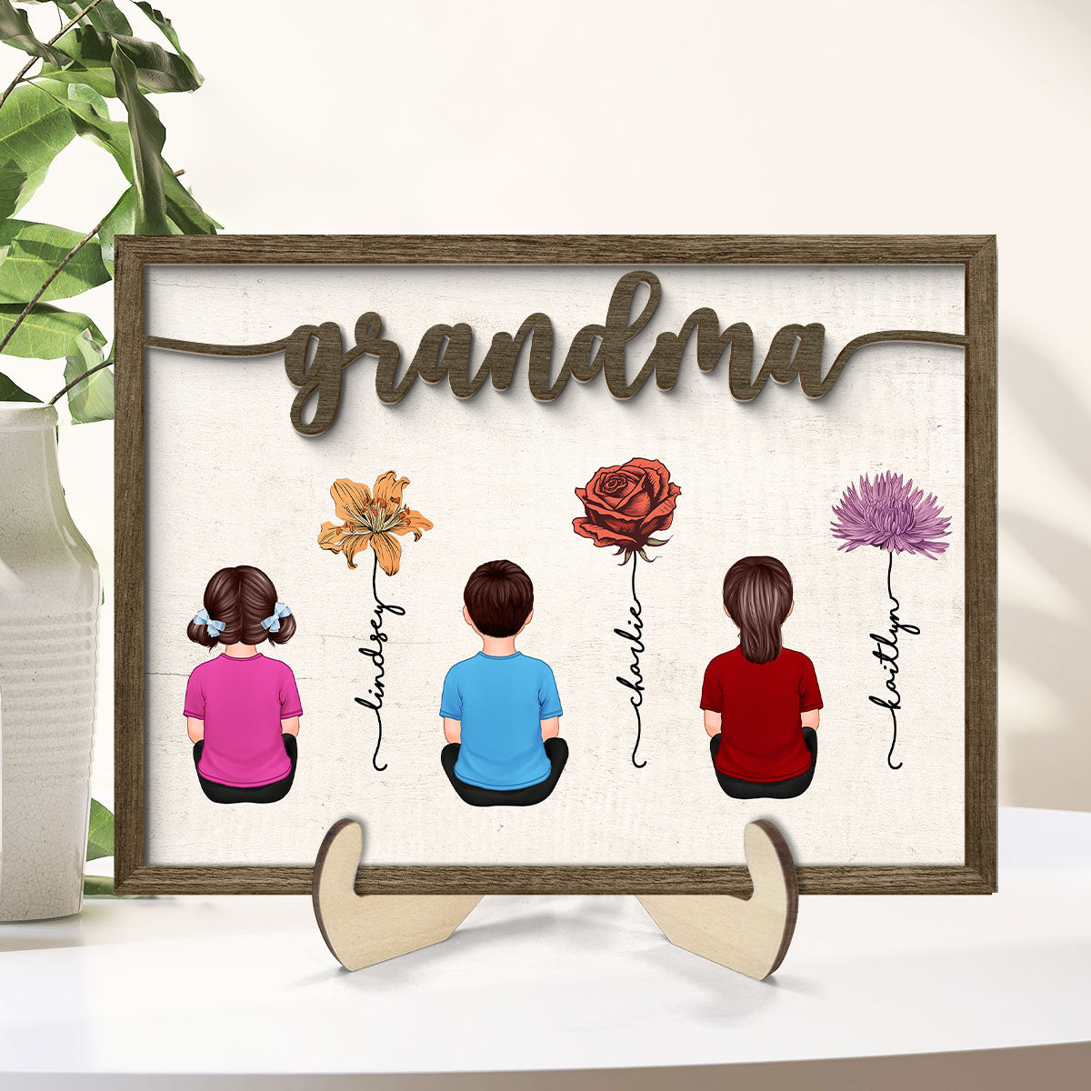 Grandkids Sitting Grandma Garden Vintage Birth Month Flowers Personalized 2-Layer Wooden Plaque