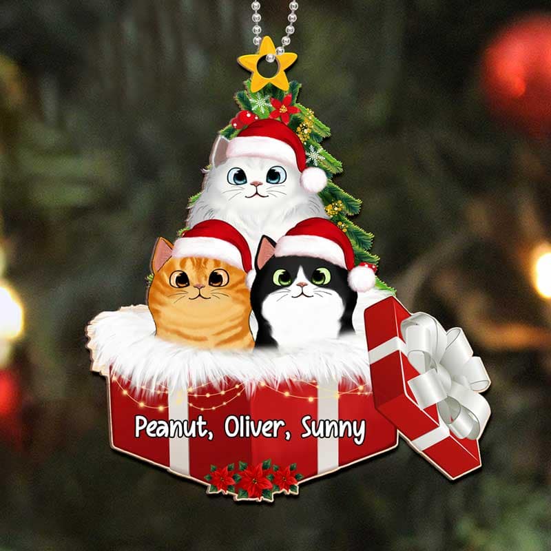 Cats In Christmas Gift Box Personalized Wooden Ornament