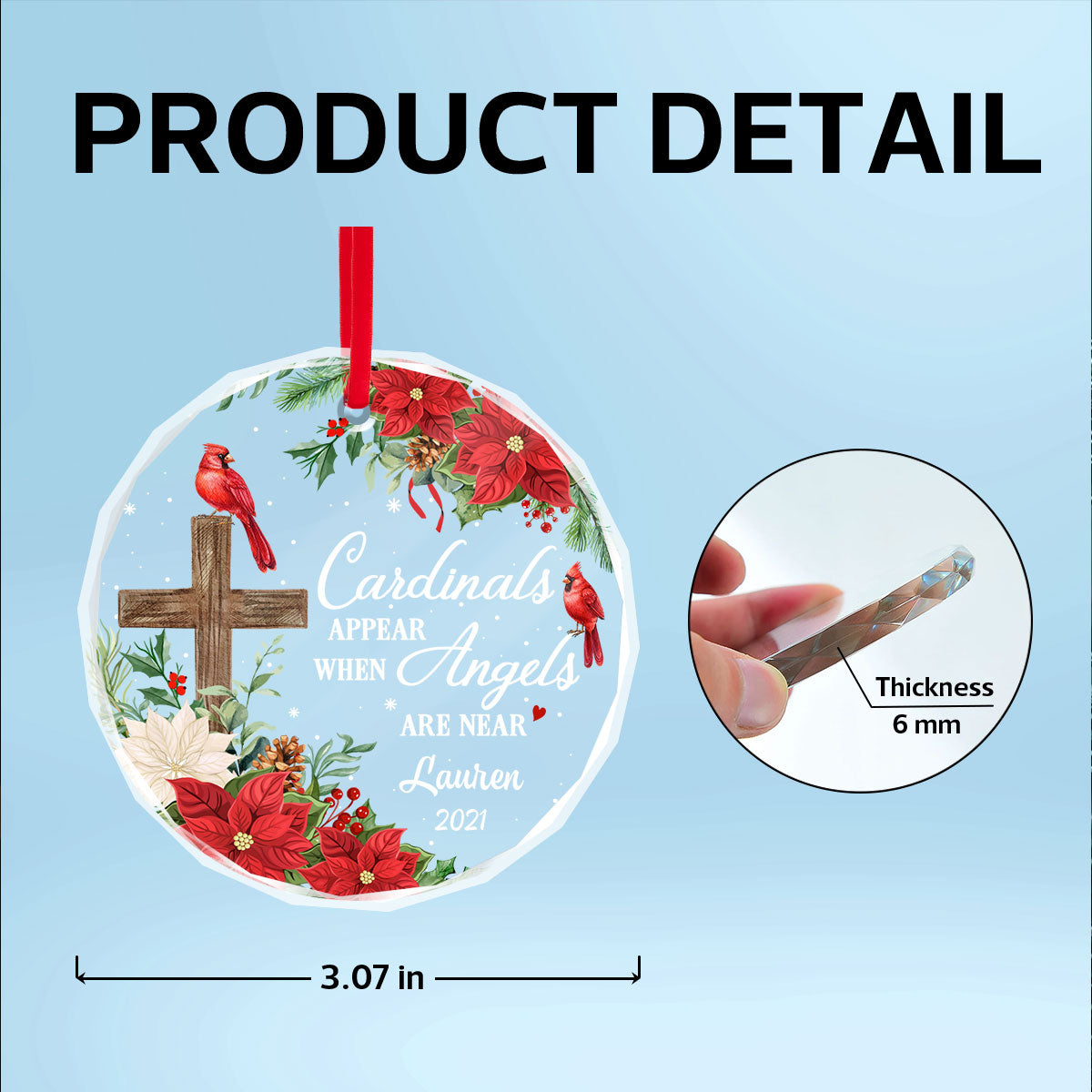Always With You Cardinal Cross Poinsettia Personalized Glass Ornament, Christmas Gift