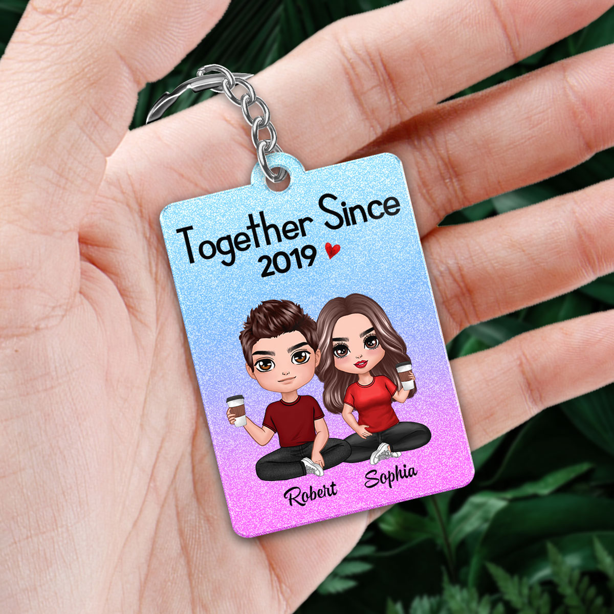 Doll Couple Sitting Together Glitter Effect Favorite Song Scannable QR Code Personalized Acrylic Keychain [Not Real Glitter]