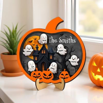 3D Effect Ghost Friends, Ghost Family Inside Pumpkin Personalized 2-Layer Wooden Plaque, Halloween Decoration