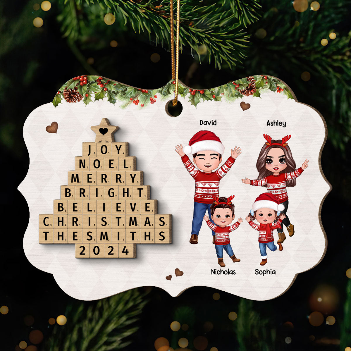 Happy Family By Word Art Christmas Tree Personalized 2-Layer Wooden Ornament