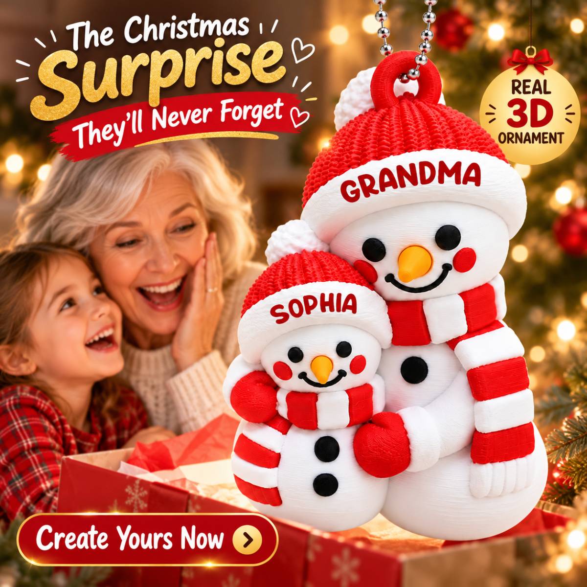 Heartwarming Grandma Hugging Grandkid Snowman - Personalized 3D Printed Ornament - Christmas Gift For Kids, Son, Grandson, Daughter, Granddaughter