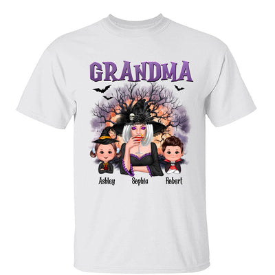 Purple And Orange Halloween Tree Grandma Mom Kids Personalized Shirt