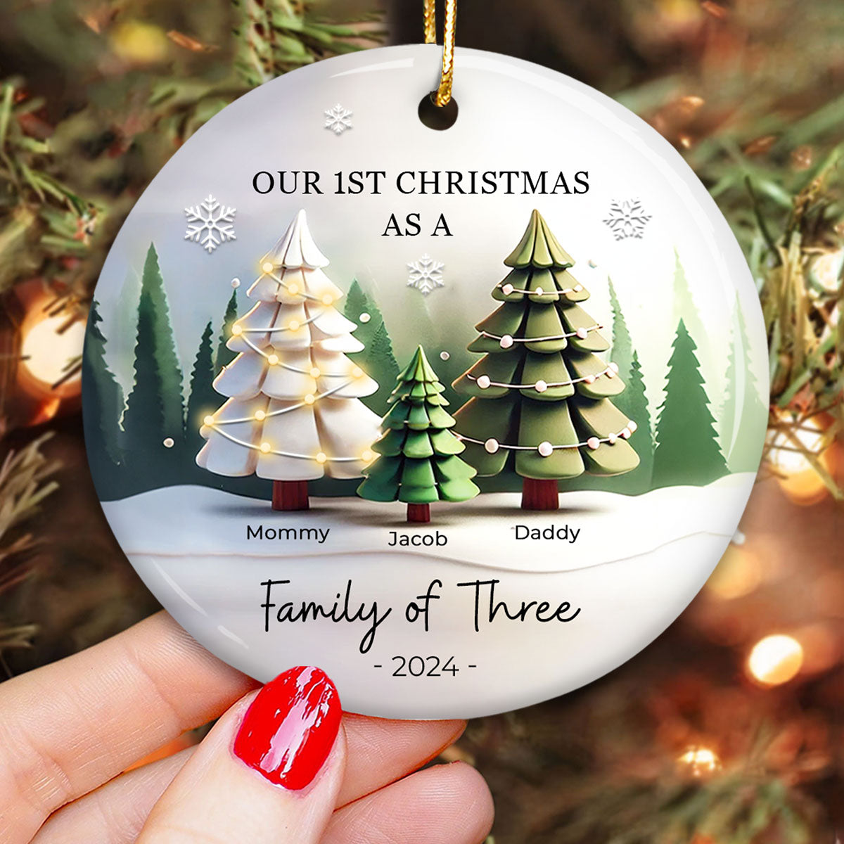 First Christmas As A Family Of 3, 3D Effect Personalized Ceramic Ornament, Christmas Gift For Newborn, New Mom, New Dad