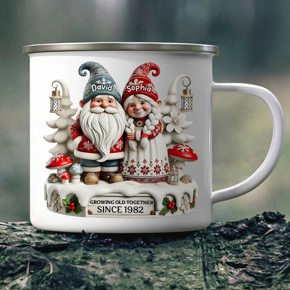 3D Effect Gnome Couple Together Christmas Personalized Campfire Mug, Heartfelt Gift For Couple, For Him, For Her, Husband, Wife
