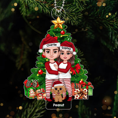 Couple Standing With Dogs Cats Christmas Tree Personalized Acrylic Ornament