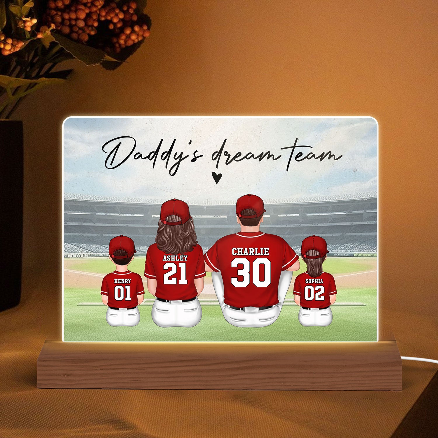 Daddy's Team Baseball Family Sitting Personalized Acrylic LED Night Light, Father's Day Gift For Dad, Grandpa, Husband