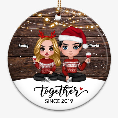 Snow Wood Doll Couple Sitting Together Since Personalized Circle Ornament