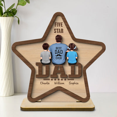 Five - Star Dad Back View Dad And Kids Personalized 2-Layer Standing Wooden Plaque