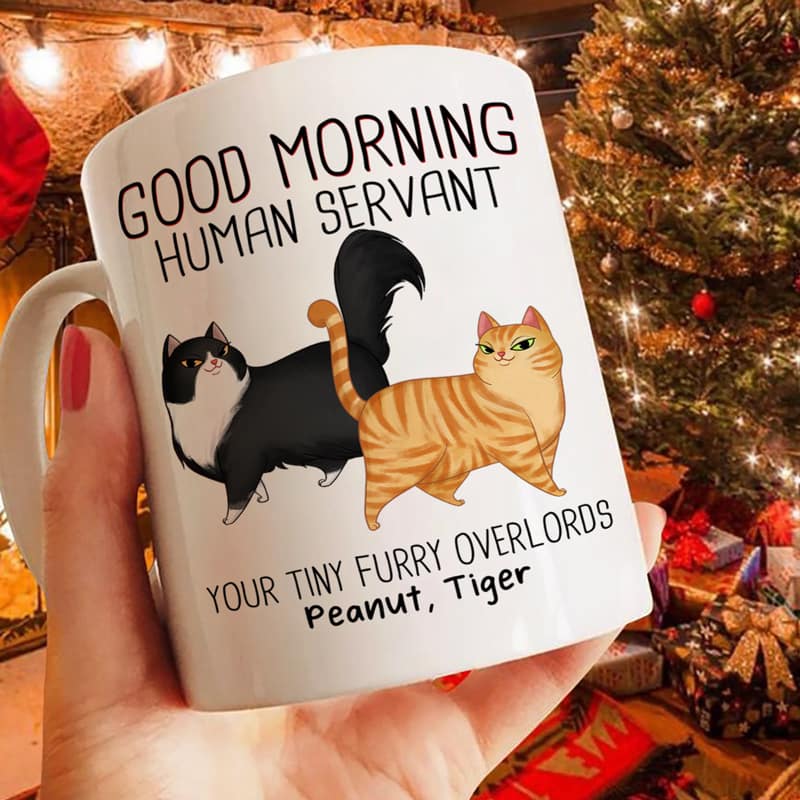 Good Morning Human Servant Cartoon Walking Cat - Personalized Mug