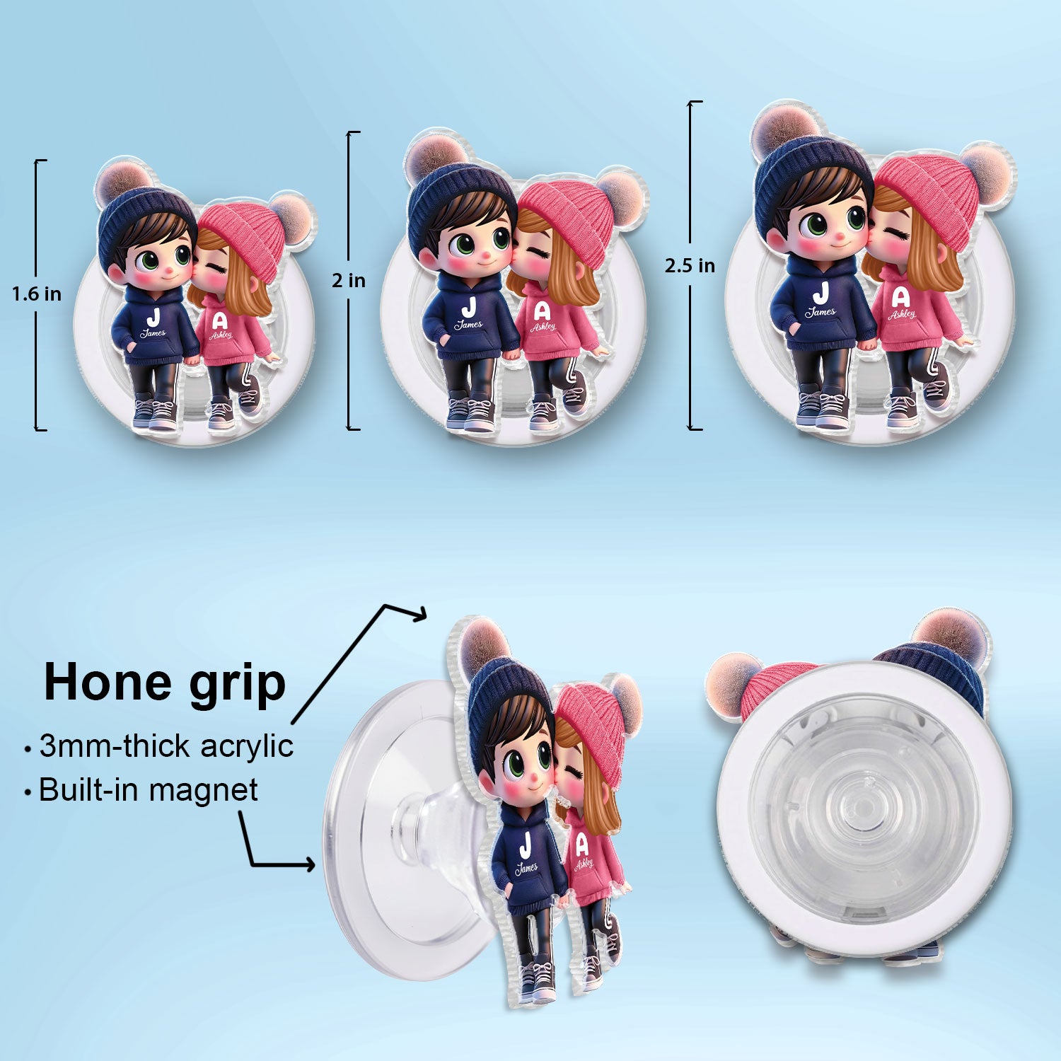 3D Effect Cute Cartoon Couple Walking - Personalized Acrylic Magnetic Phone Grip - Matching Phone Grips for Couples