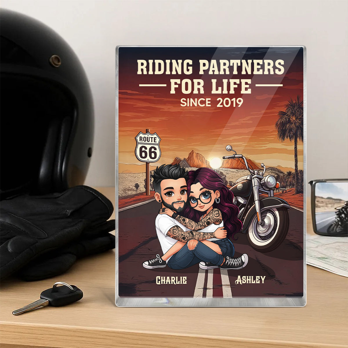 Bikers Couple Riding Partners for Life Personalized Acrylic Block Plaque, Gift for him, Gift for her