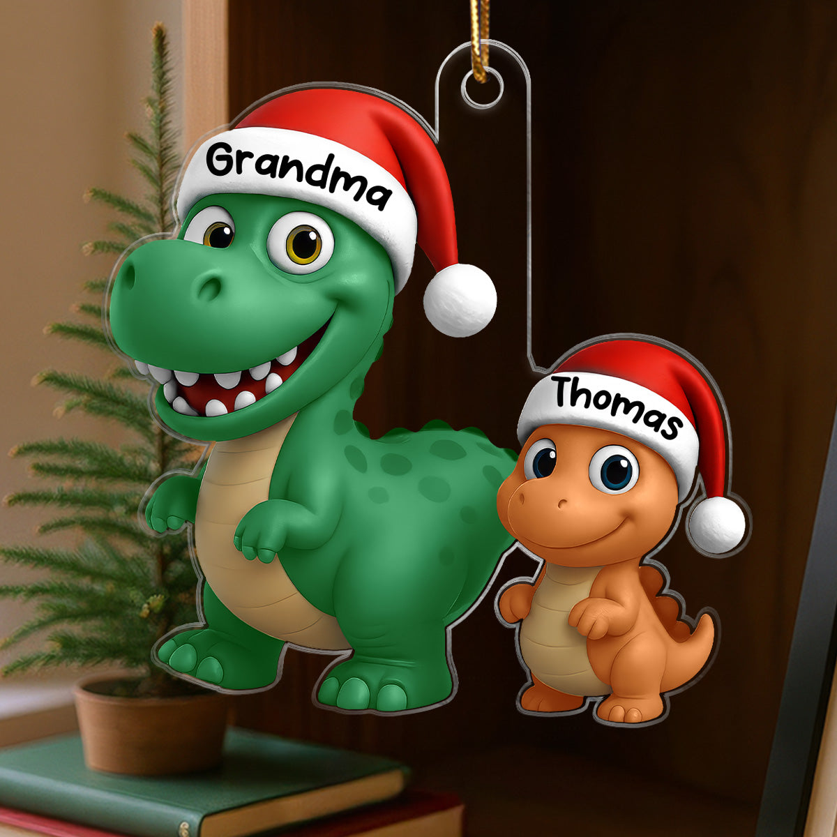 3D Effect Grandmasaurus Dinosaur Grandkid Walking Together - Personalized Acrylic Ornament