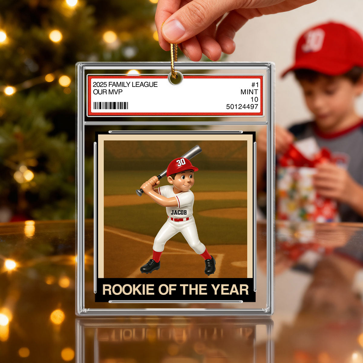 Baseball Player Family League Trading Card Style - Personalized Acrylic Ornament - Christmas Gift For Son, Grandson