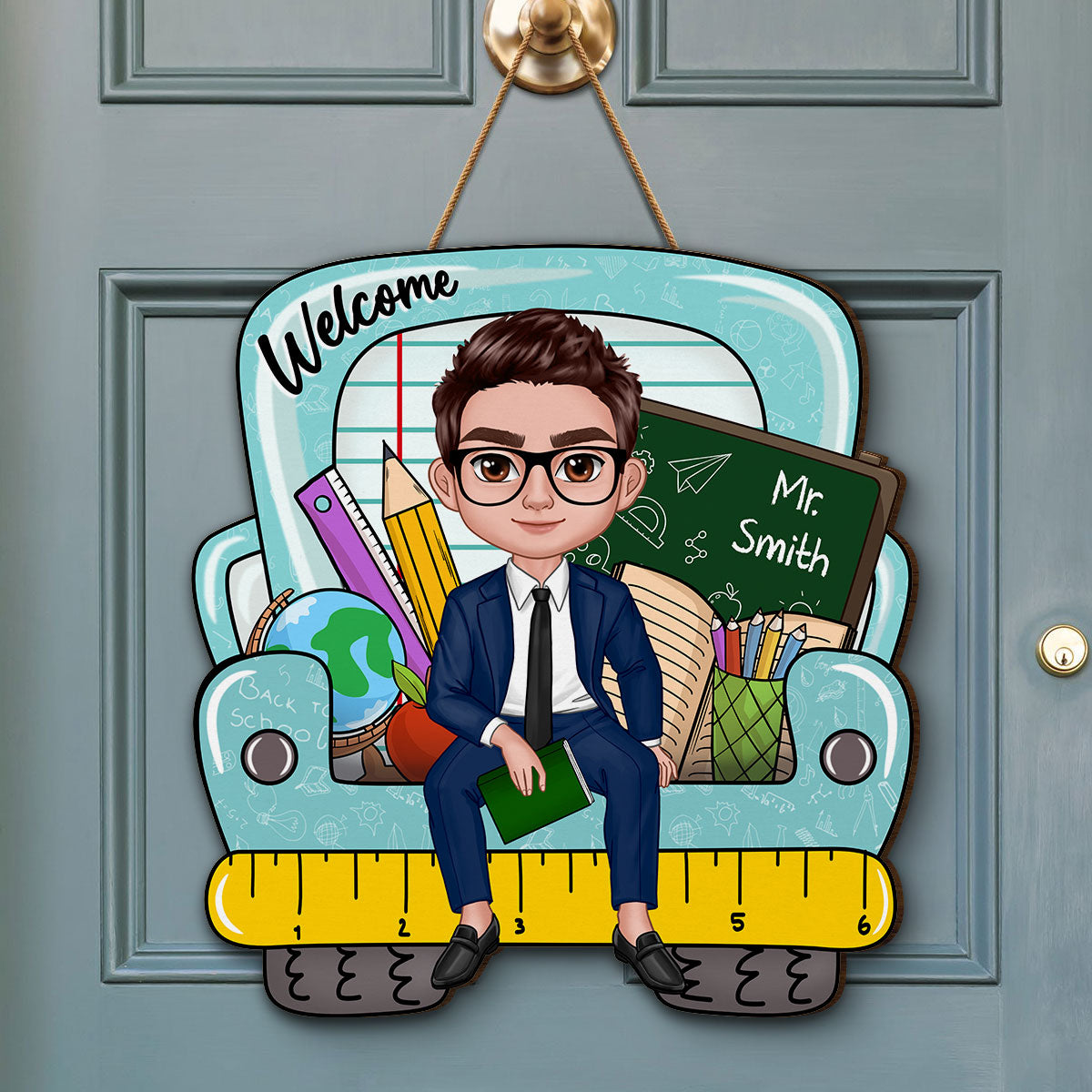 Doll Teacher Truck Back View Personalized Wood Sign, Back To School Gift