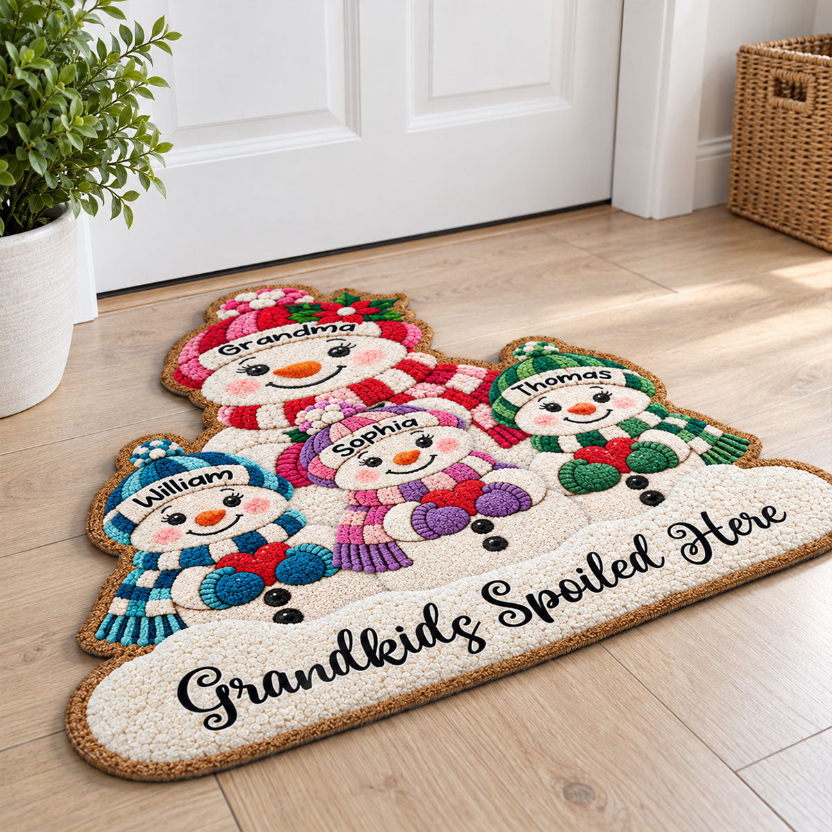Cute Snowman Grandma & Grandkids 2D Flat Printed - Personalized Doormat - Christmas Decor For Grandma