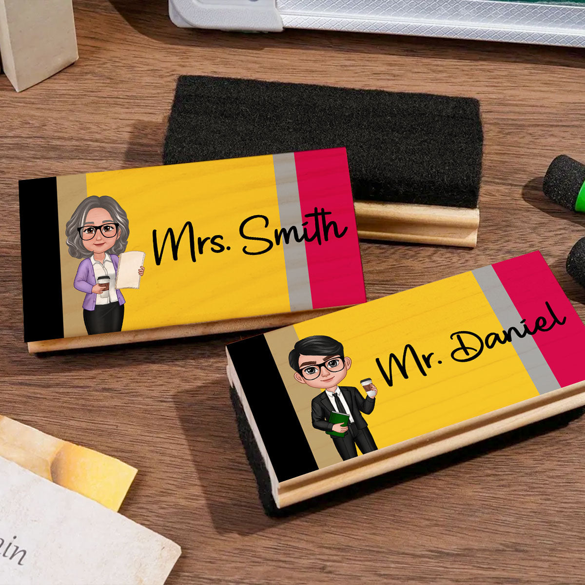 Doll Teacher Pencil Pattern Personalized Chalkboard/Whiteboard Eraser with Marker, Teacher Appreciation Gift, Back To School Gift
