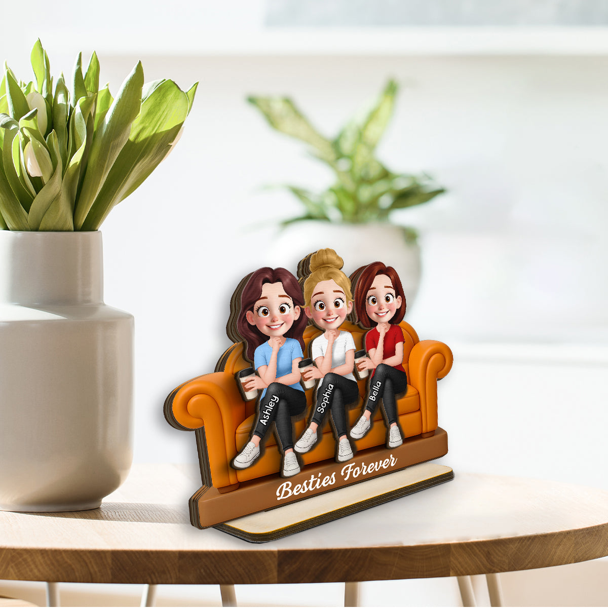 Besties Sitting On Sofa Personalized Wooden Standing Plaque, Gift for Besties, Sisters, Best Friends