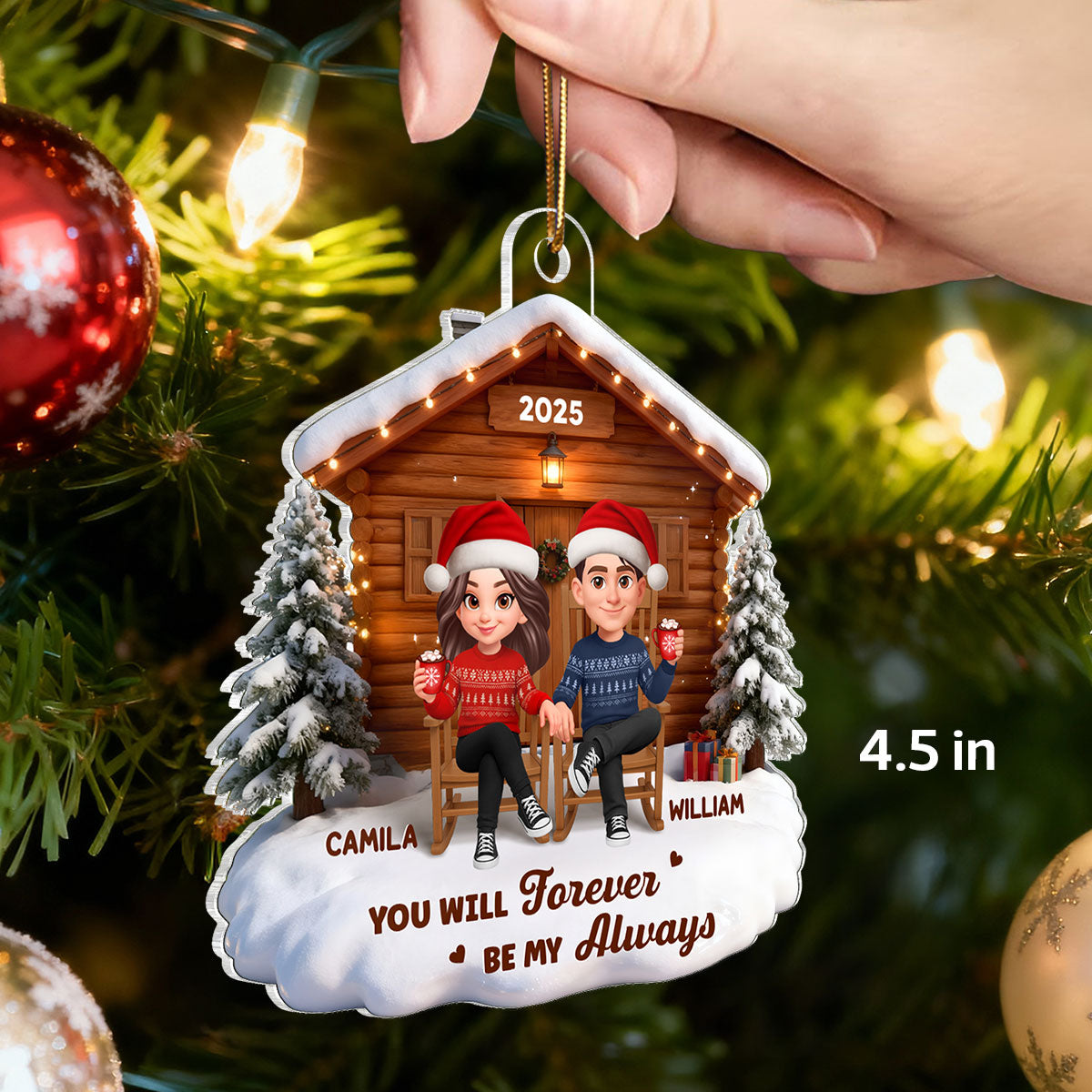 3D Effect Christmas Couple Cabin - Personalized Acrylic Ornament - Heartfelt Gift For Couple