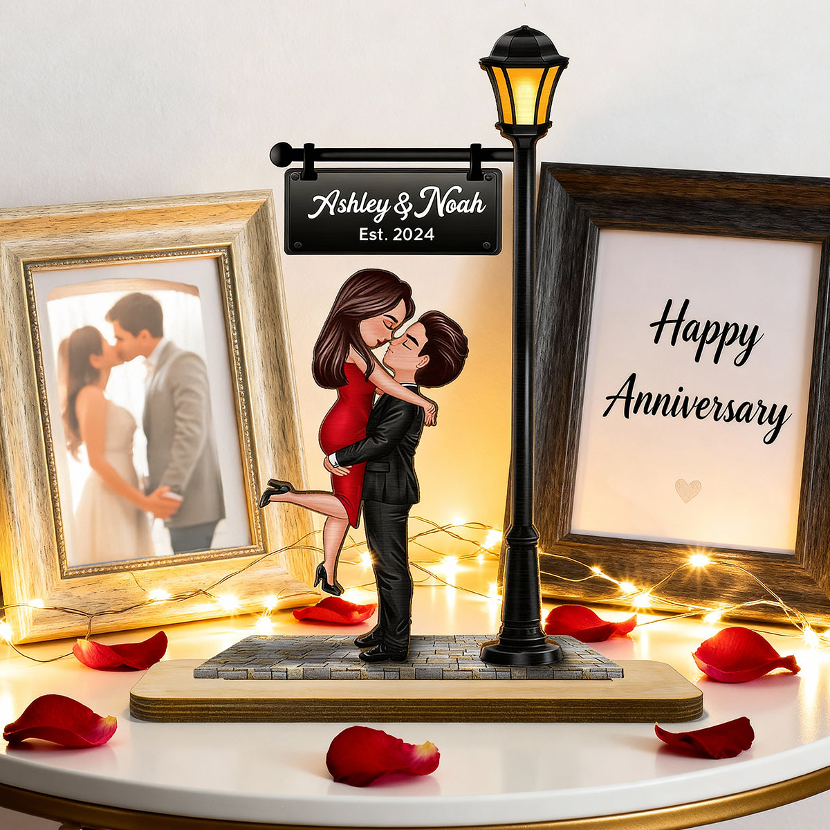 Couple Kissing Under Lamp Post Forever Love - Personalized 2-Layer Wooden Plaque - Heartfelt Anniversary Gift For Her, For Wife
