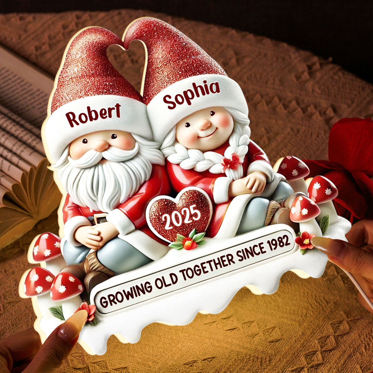 3D Effect Gnome Couple Growing Old Together Christmas - Personalized Light Box