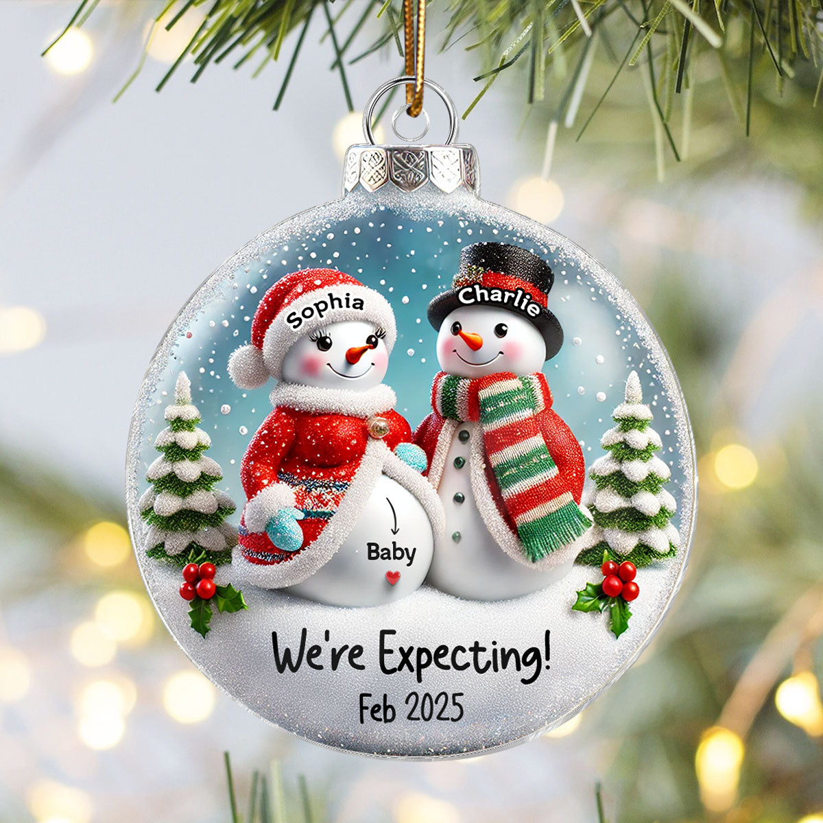 3D Effect Snowman Couple Expecting Parents Pregnancy Announcement Keepsake Personalized Acrylic Ornament