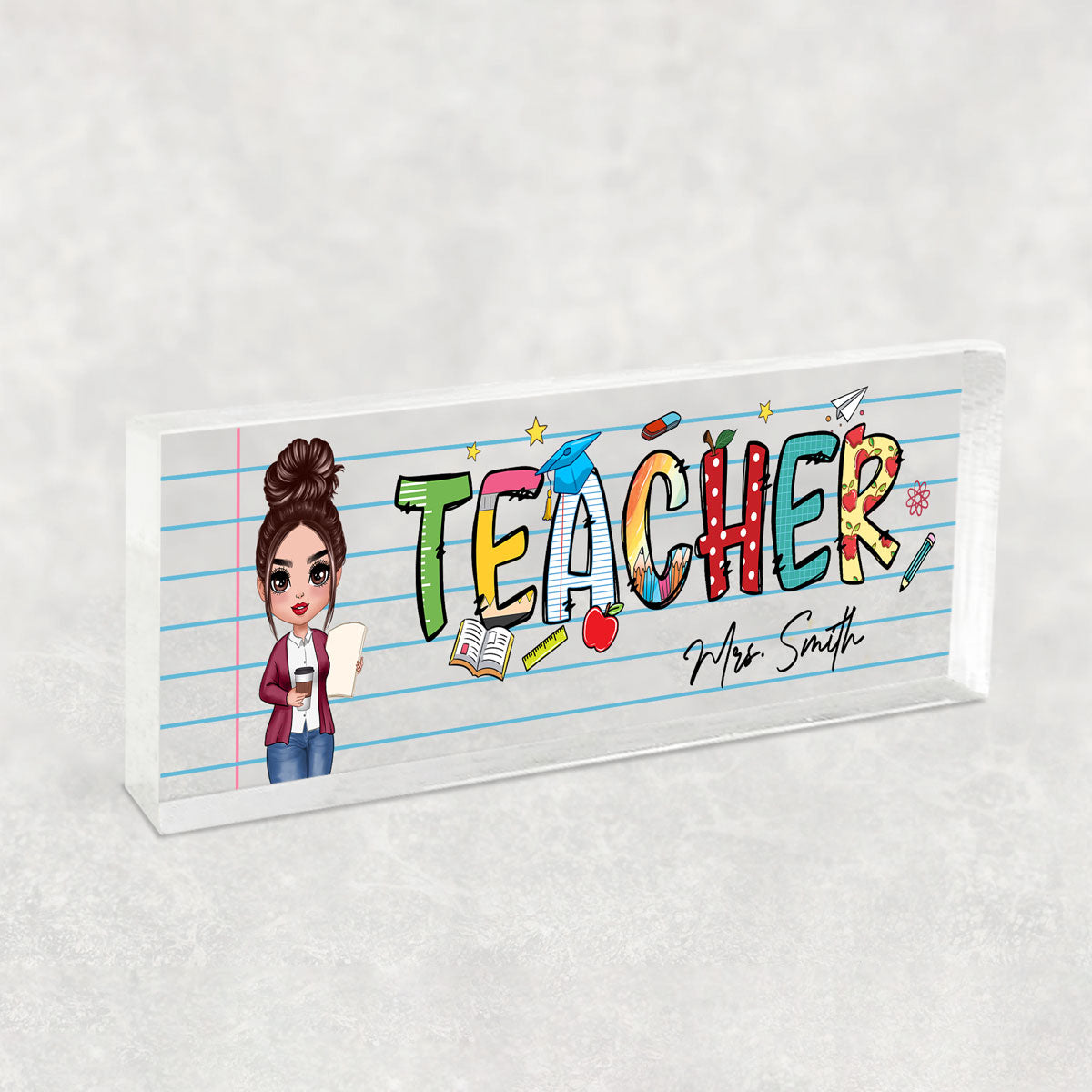 Teacher Beautiful Patterned Personalized Acrylic Desk Name Plate, Gift For Teacher, Office Decor
