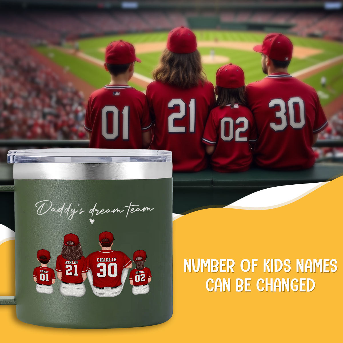Baseball Daddy's Dream Team Personalized Stainless Steel Tumbler With Handle, Unique 2025 Father's Day Gift For Dad