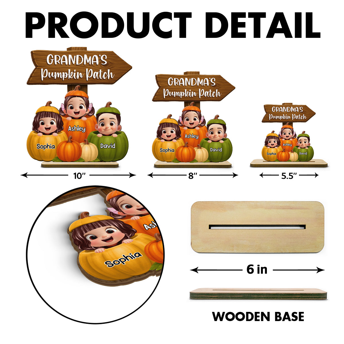 Grandma Pumpkin Patch Cute Grandkids Direction Sign 3D Effect Personalized Standing Wooden Plaque