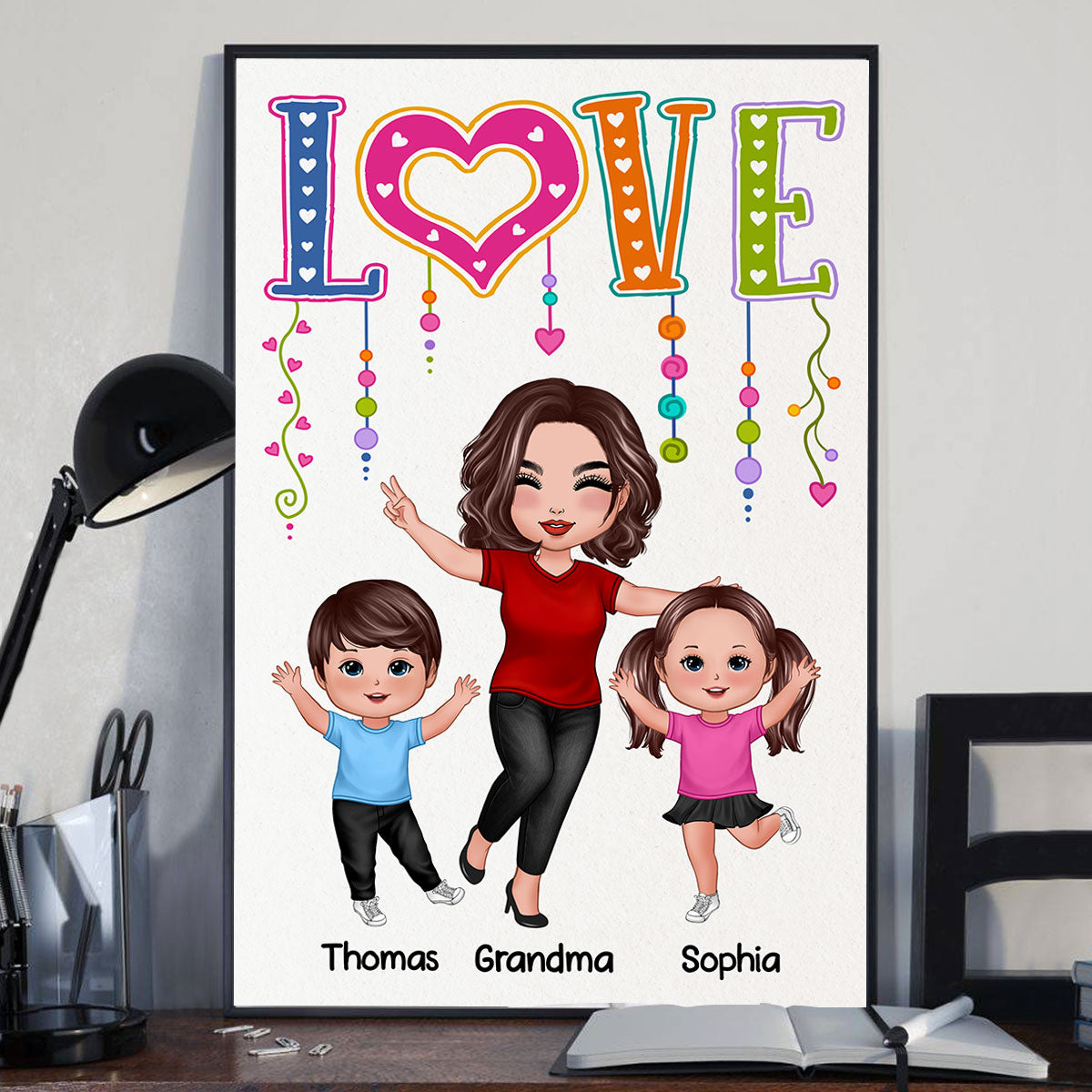 LOVE Happy Doll Grandma Mom With Kids Personalized Vertical Poster