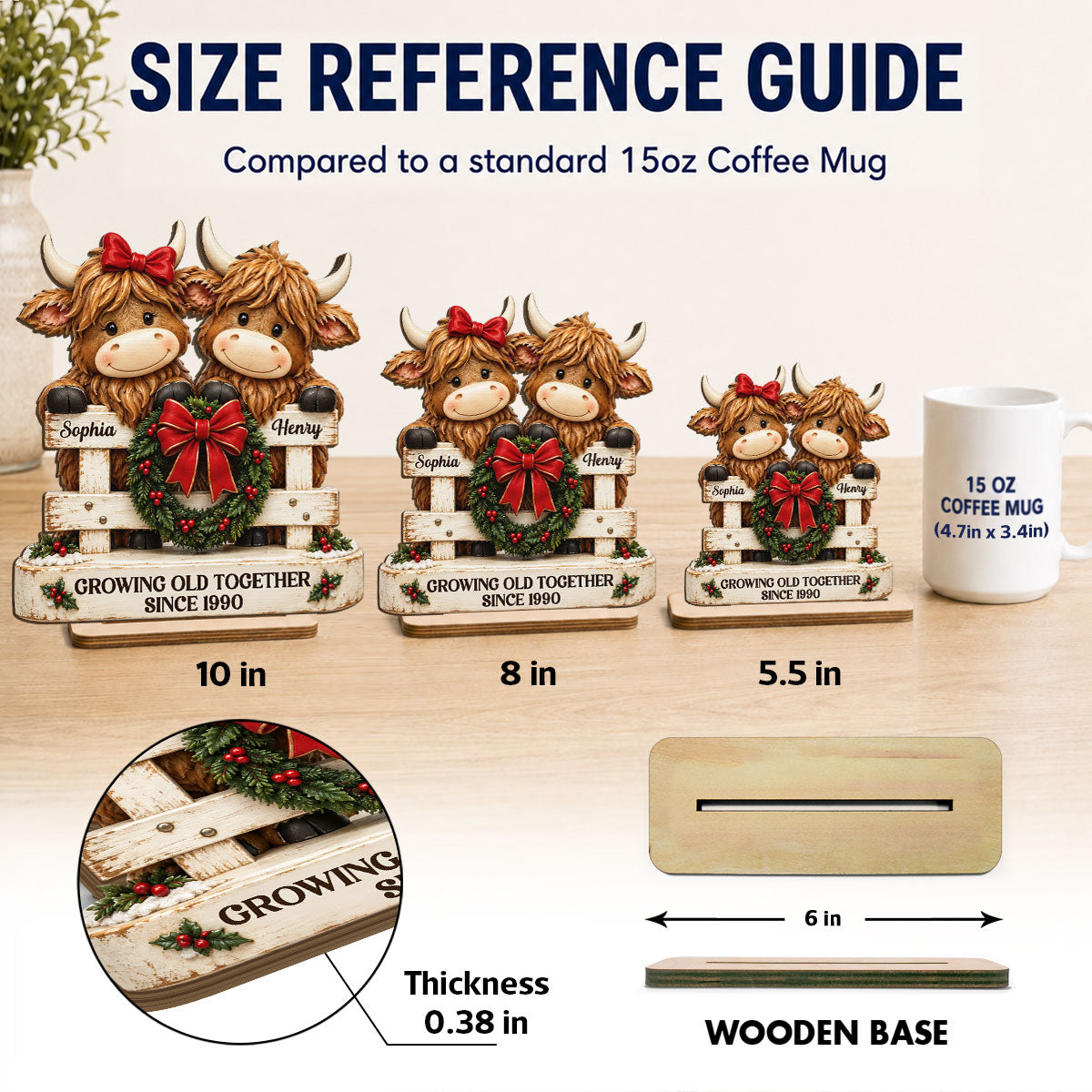 Happy Highland Cows Couple Christmas Fence - Personalized 2-Layered Wooden Plaque - Christmas Gift For Couple
