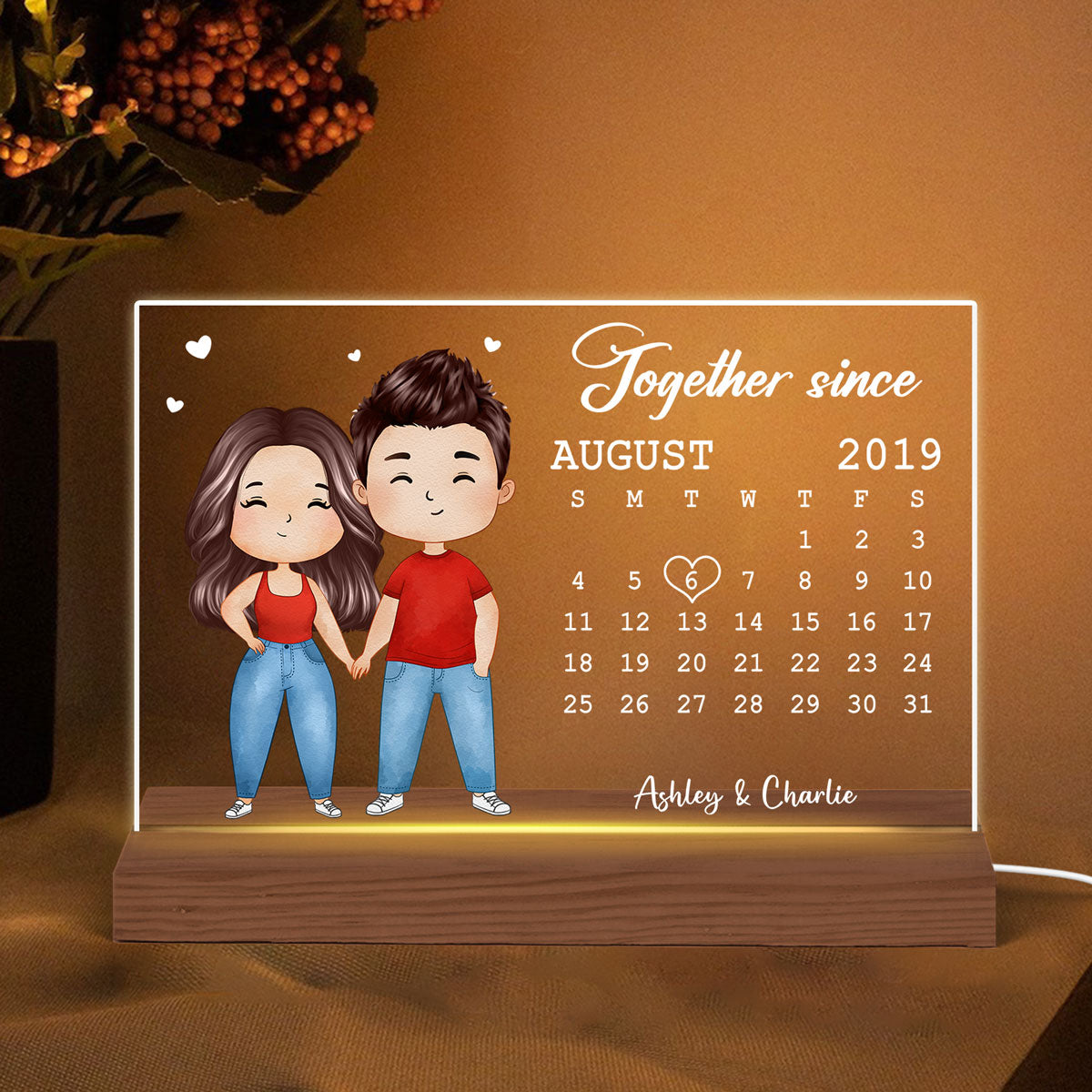 Cartoon Chibi Couple Anniversary Date Calendar Rectangle Personalized Custom Shape Acrylic Plaque With LED Night Light - Anniversary Gift For Couple - Gift For Him - Gift For Her