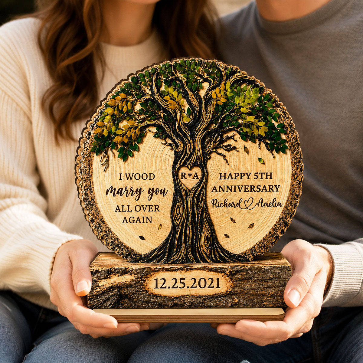 Couple Tree I Wood Marry You - Personalized 2-Layered Wooden Plaque - Gift For Couple