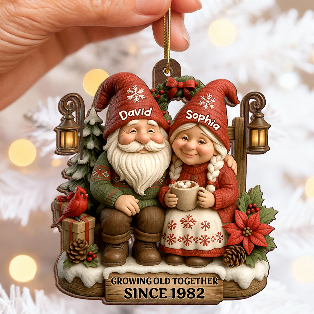 Old Gnomes Couple Sharing Holiday Cheer Together - Personalized Wooden Ornament - Thoughtful & Heartfelt Christmas Gift for him, Gift for her