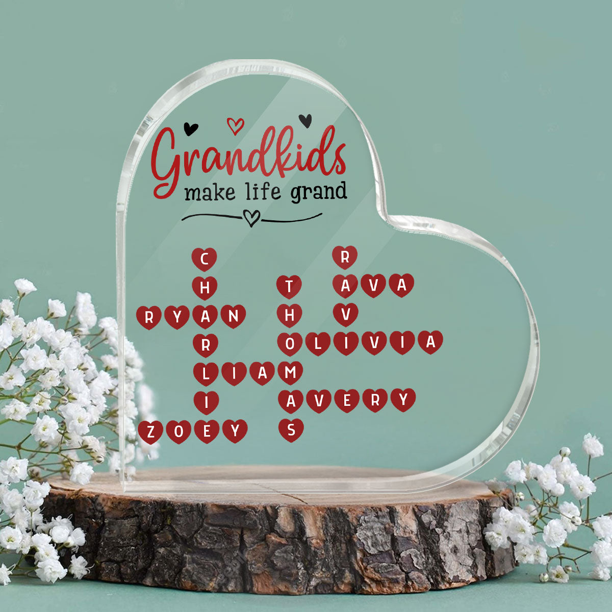 Grandkids Make Life Grand Heartfelt Crossword Puzzle Art Gift For Grandma Personalized Heart Acrylic Block Plaque