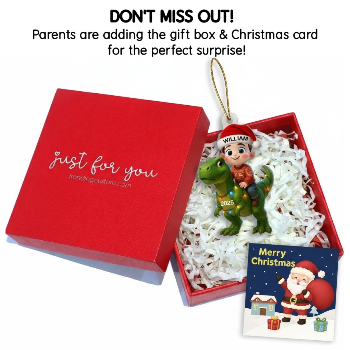3D Effect Cute Little Girl Boy With Dinosaur Christmas - Personalized Acrylic Ornament - Gift For Kids, Grandkids, Fun & Unique